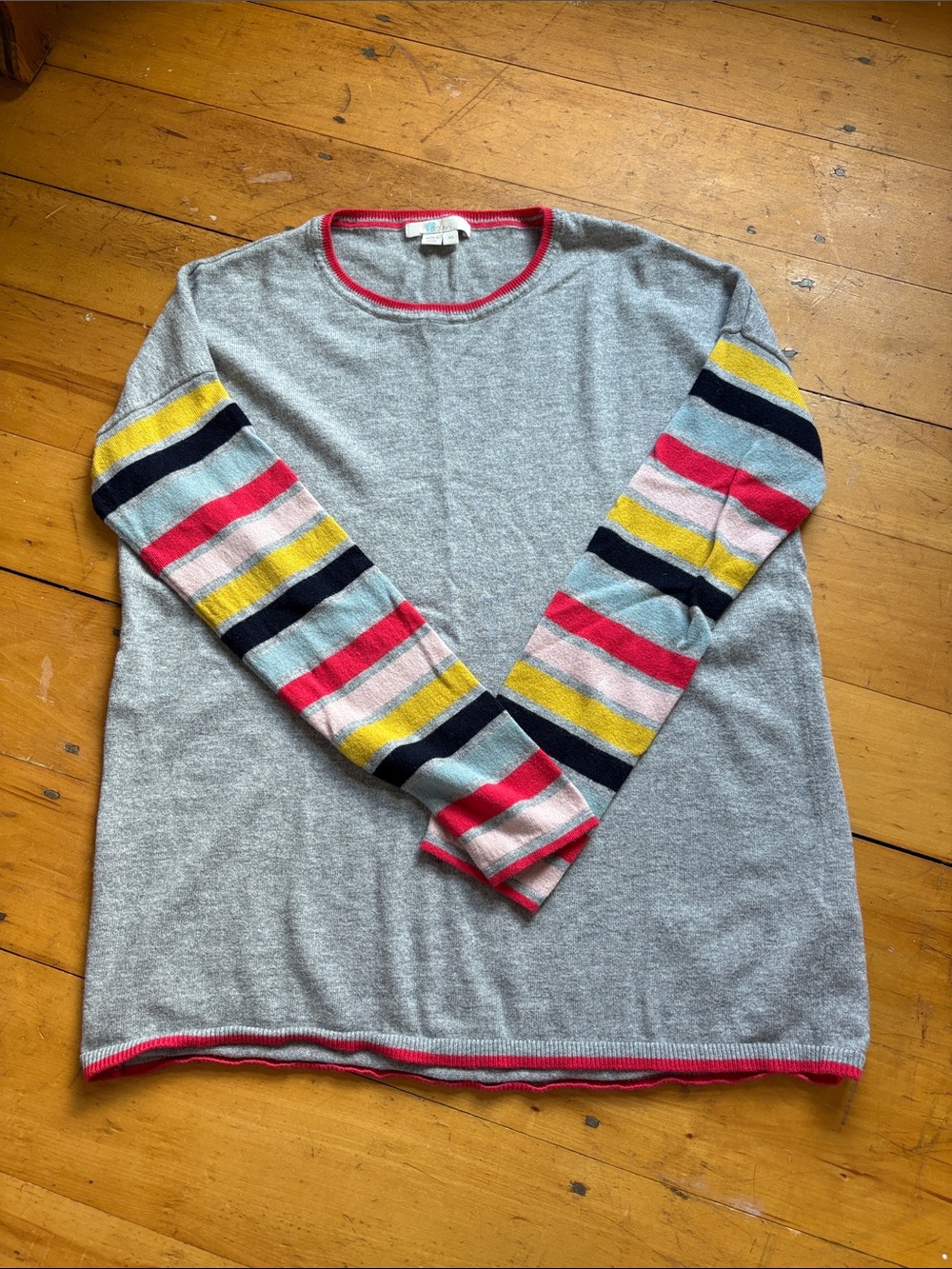 Boden Gray Crewneck Sweater with Striped Multicolor Sleeves